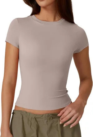 QINSEN Women's Crew Neck Short Sleeve Double-Layer Tops Basic Slim Fit Going Out T Shirt