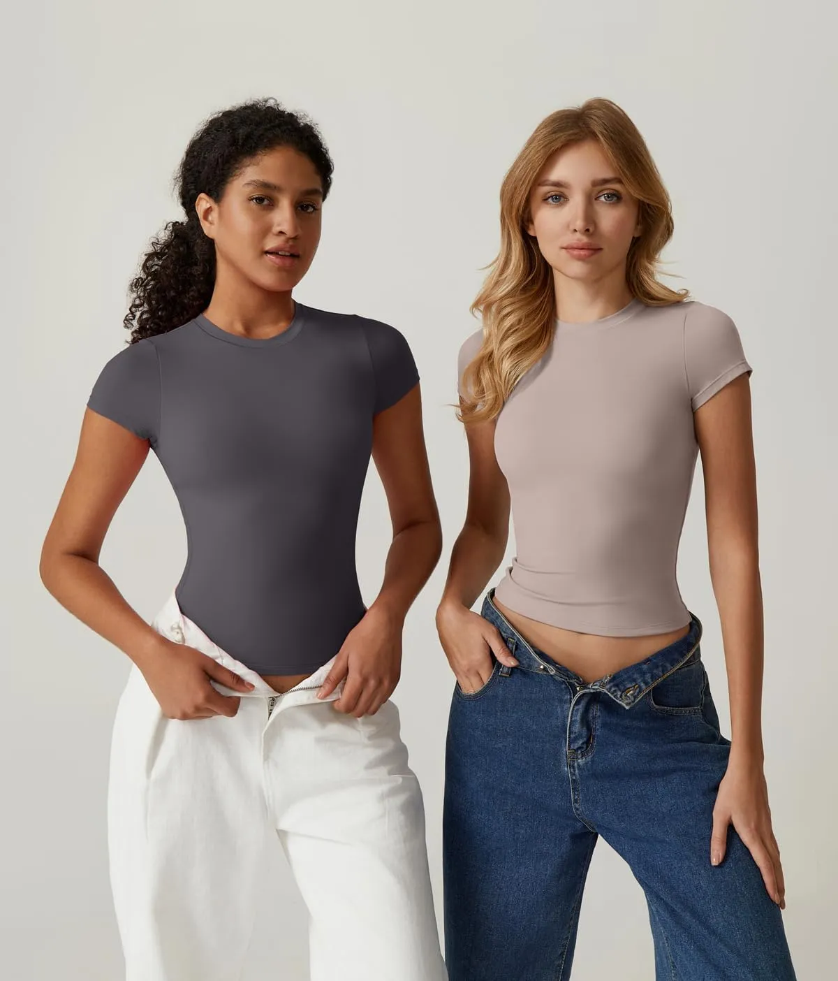 QINSEN Women's Crew Neck Short Sleeve Double-Layer Tops Basic Slim Fit Going Out T Shirt