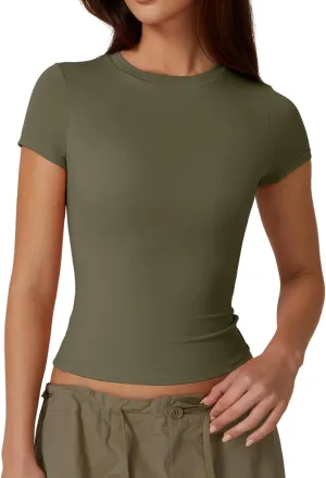 QINSEN Women's Crew Neck Short Sleeve Double-Layer Tops Basic Slim Fit Going Out T Shirt