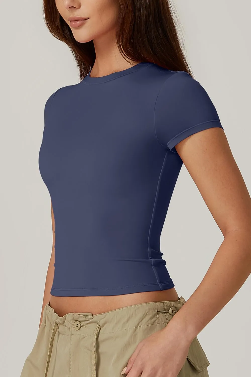 QINSEN Women's Crew Neck Short Sleeve Double-Layer Tops Basic Slim Fit Going Out T Shirt