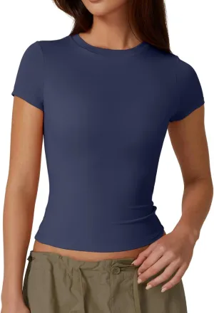 QINSEN Women's Crew Neck Short Sleeve Double-Layer Tops Basic Slim Fit Going Out T Shirt