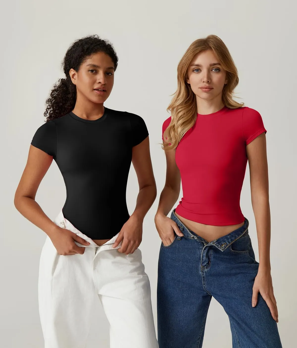 QINSEN Women's Crew Neck Short Sleeve Double-Layer Tops Basic Slim Fit Going Out T Shirt