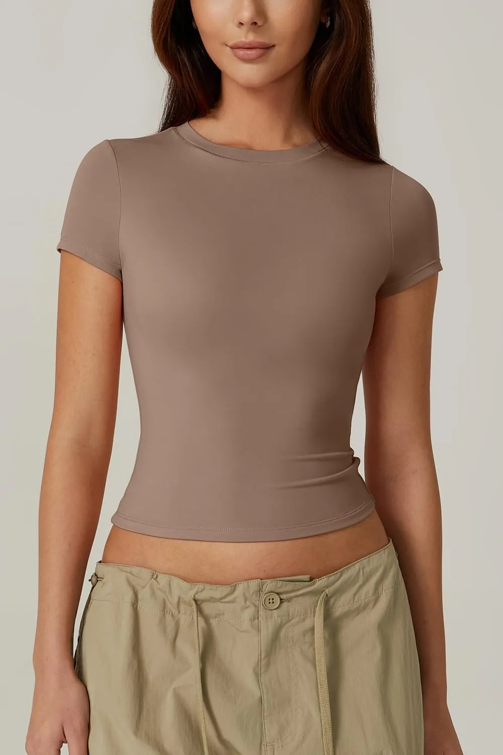 QINSEN Women's Crew Neck Short Sleeve Double-Layer Tops Basic Slim Fit Going Out T Shirt