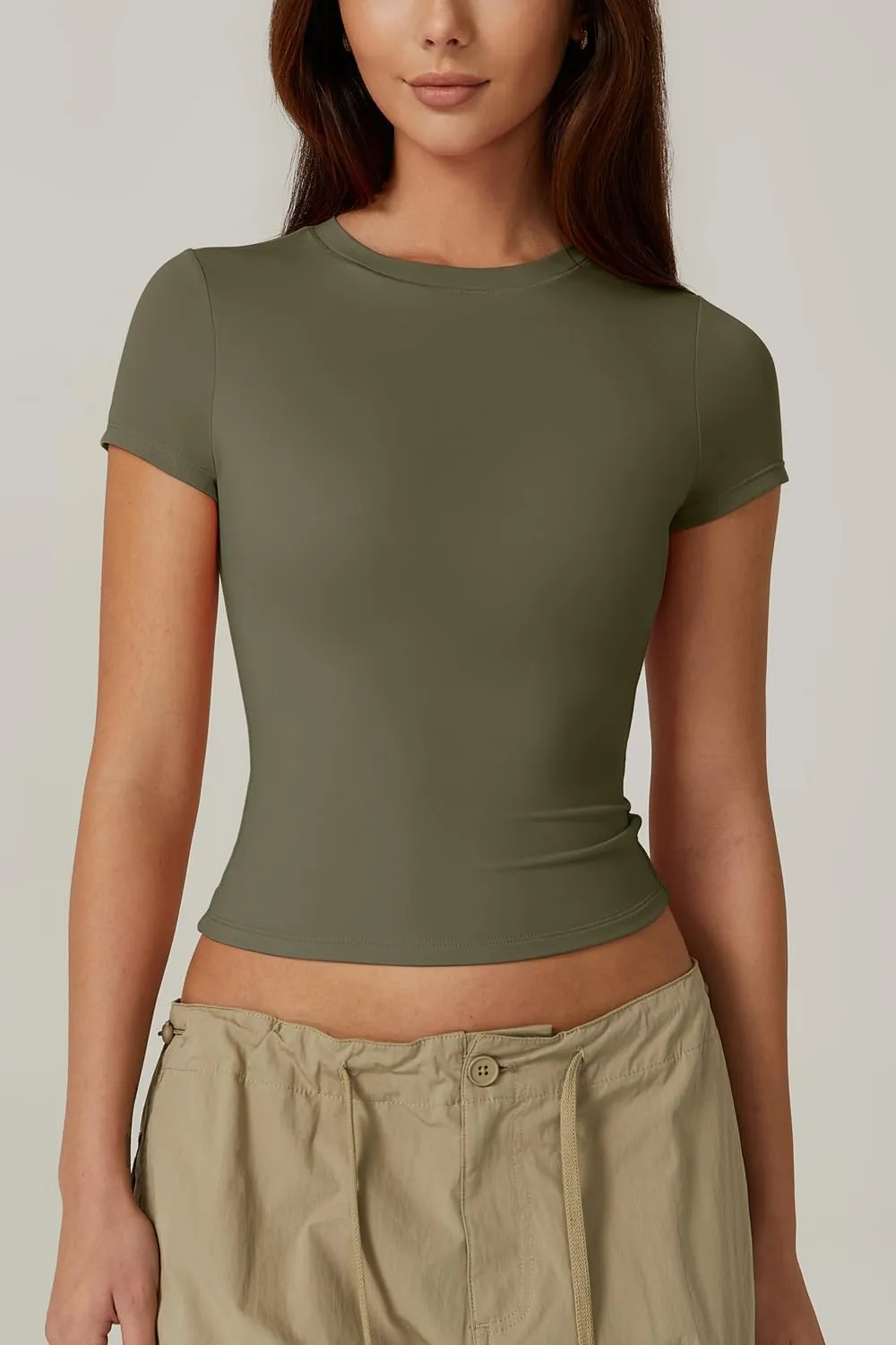 QINSEN Women's Crew Neck Short Sleeve Double-Layer Tops Basic Slim Fit Going Out T Shirt