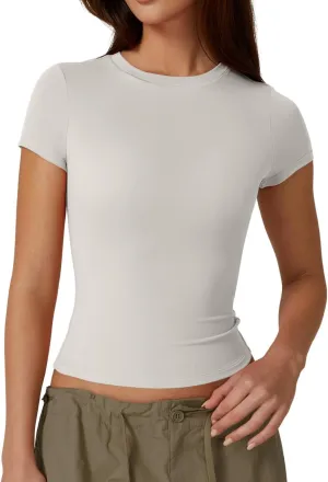 QINSEN Women's Crew Neck Short Sleeve Double-Layer Tops Basic Slim Fit Going Out T Shirt