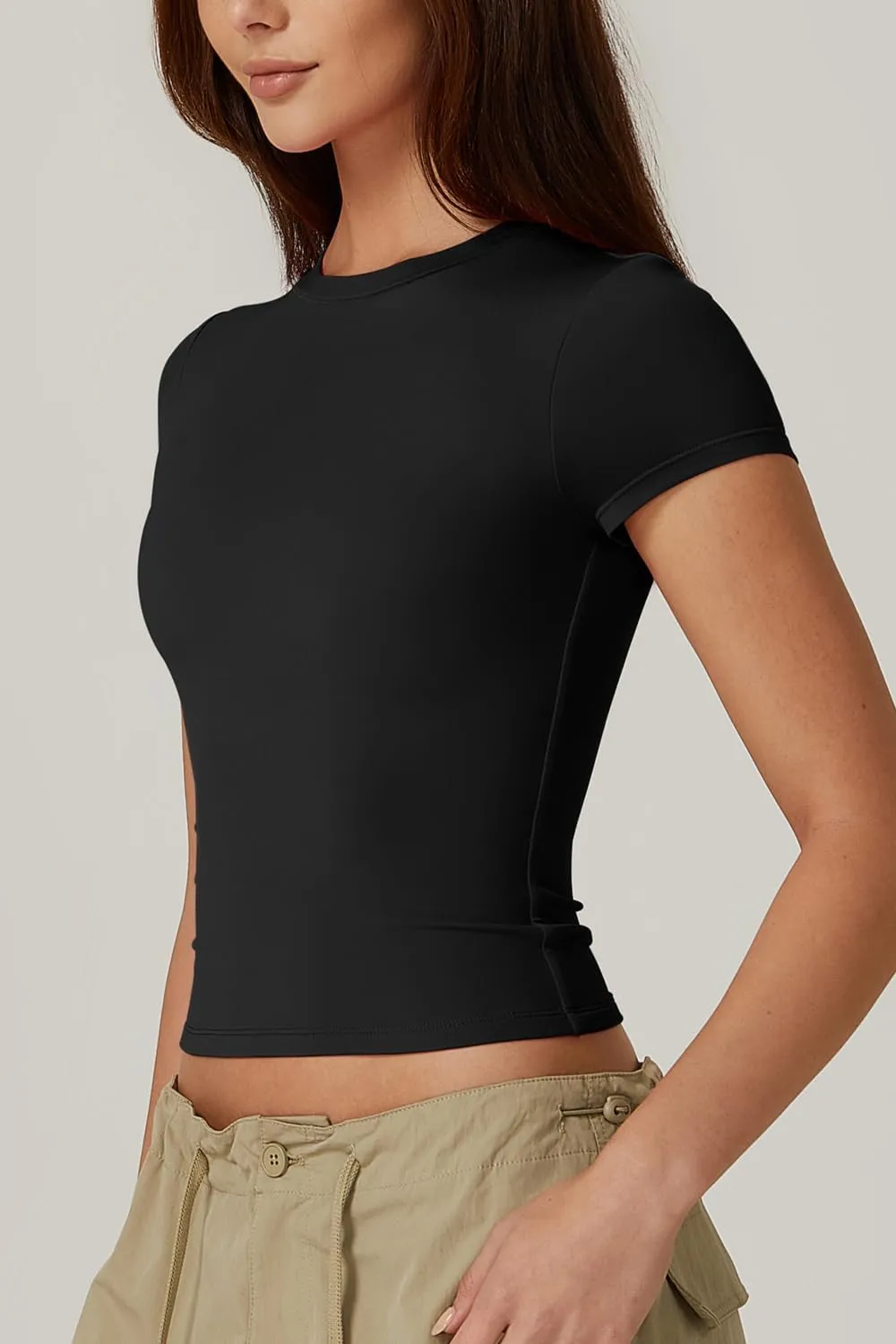 QINSEN Women's Crew Neck Short Sleeve Double-Layer Tops Basic Slim Fit Going Out T Shirt