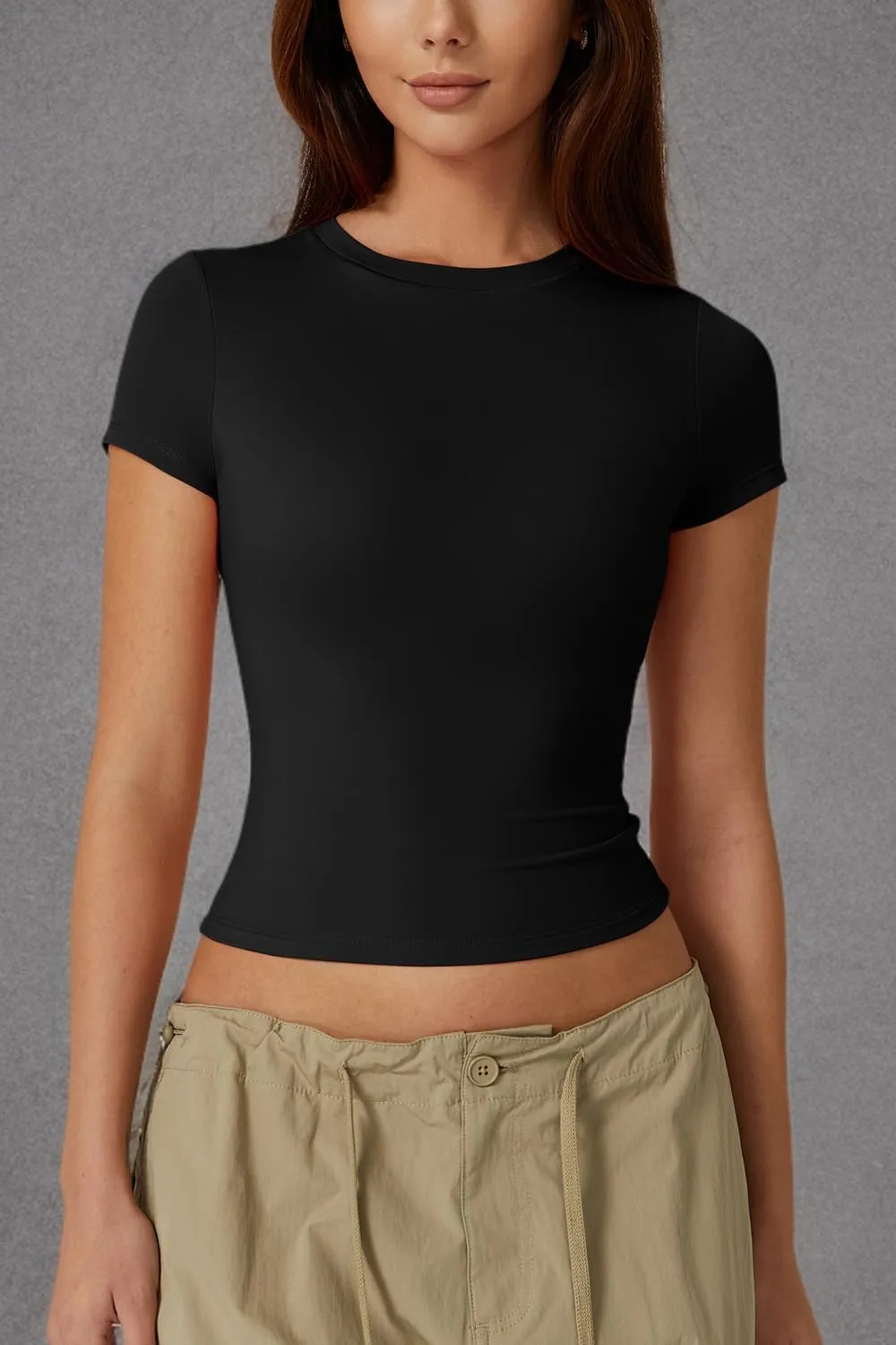 QINSEN Women's Crew Neck Short Sleeve Double-Layer Tops Basic Slim Fit Going Out T Shirt