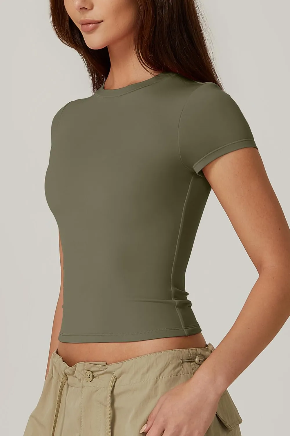 QINSEN Women's Crew Neck Short Sleeve Double-Layer Tops Basic Slim Fit Going Out T Shirt
