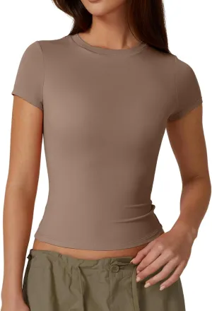 QINSEN Women's Crew Neck Short Sleeve Double-Layer Tops Basic Slim Fit Going Out T Shirt