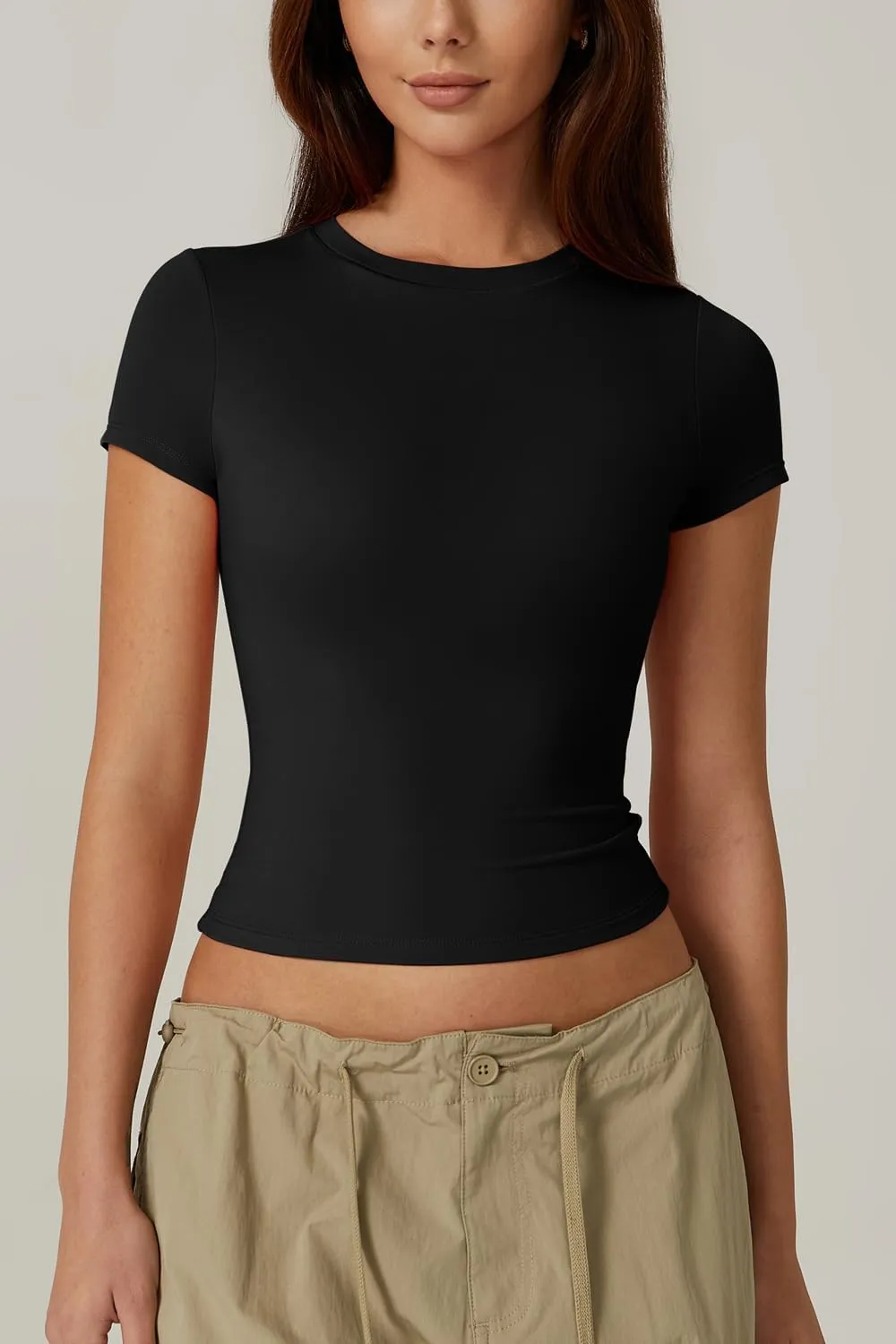 QINSEN Women's Crew Neck Short Sleeve Double-Layer Tops Basic Slim Fit Going Out T Shirt