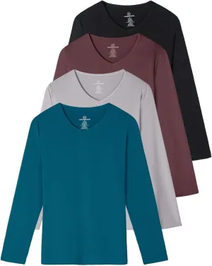 Real Essentials 4-Pack: Women's Dry-Fit Long-Sleeve V-Neck Athletic Workout Shirt (Available in Plus Size)