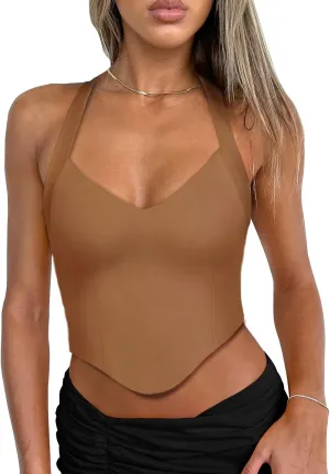 REORIA Butsmooth Double Lined Sexy Halter Tops Camisole V Neck Sleeveless Corset Y2K Going Out Crop Tank Tops for Women