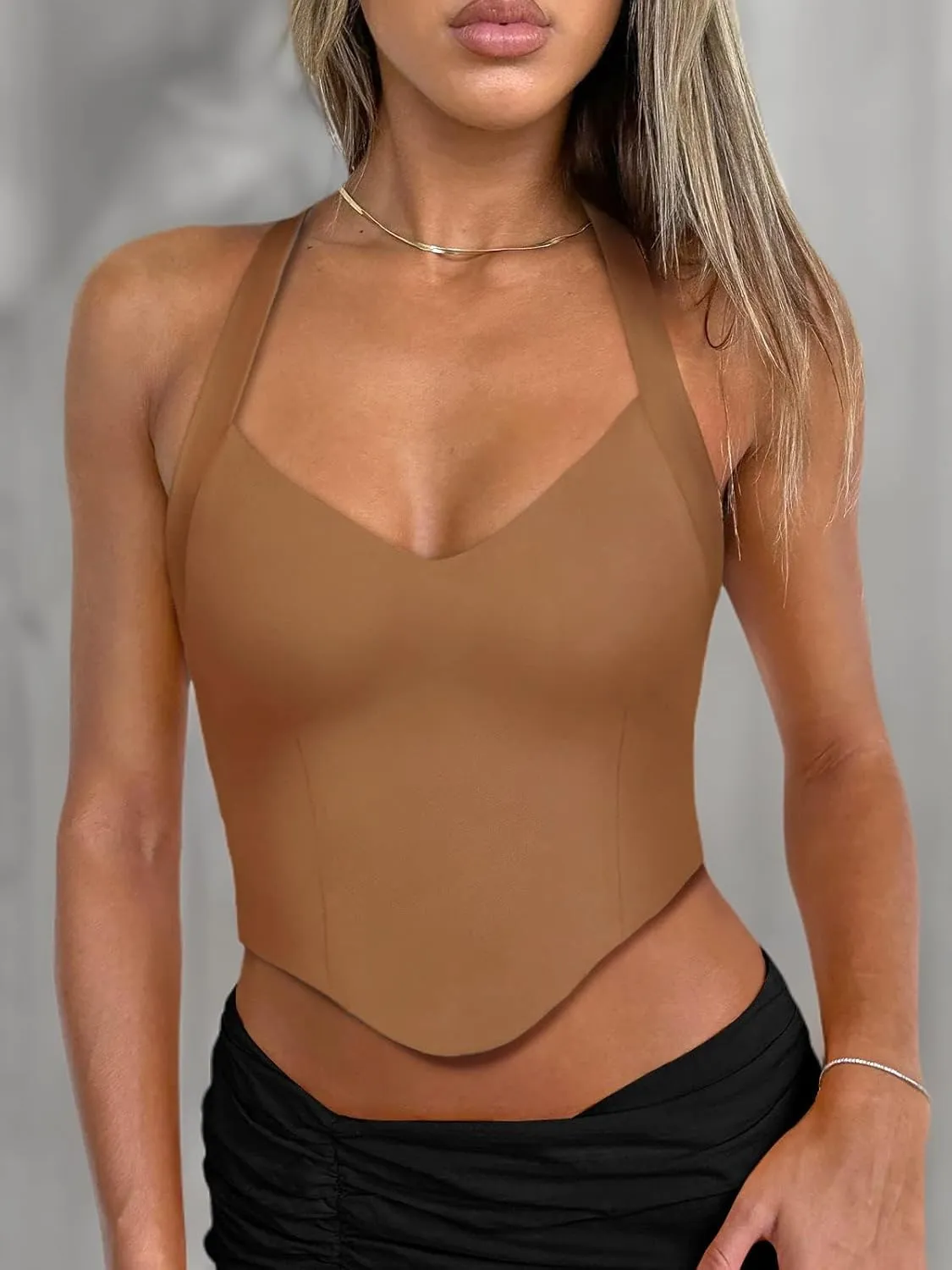 REORIA Butsmooth Double Lined Sexy Halter Tops Camisole V Neck Sleeveless Corset Y2K Going Out Crop Tank Tops for Women