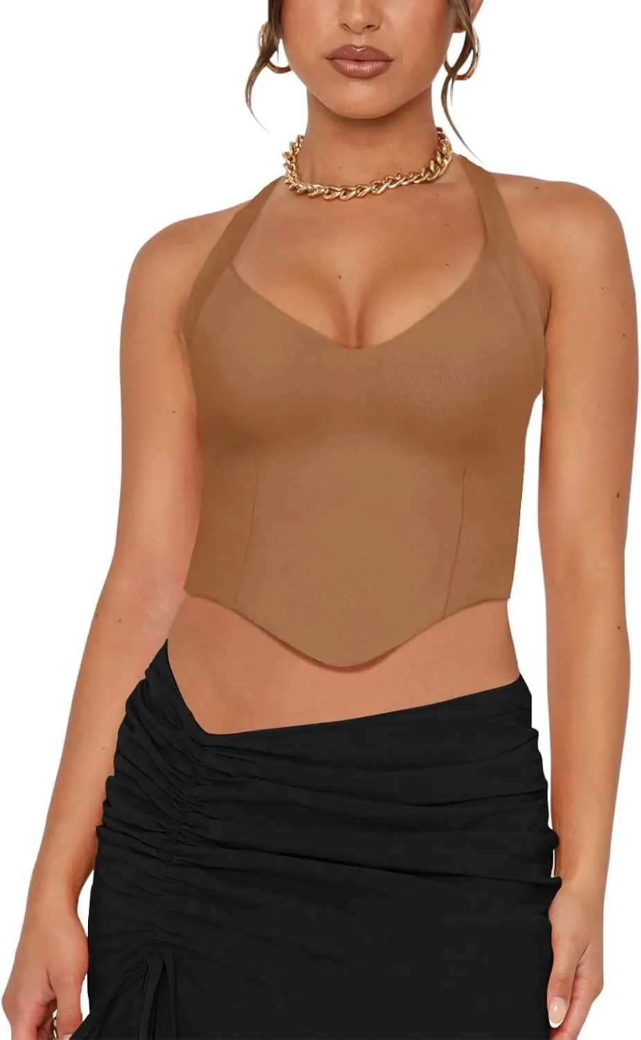 REORIA Butsmooth Double Lined Sexy Halter Tops Camisole V Neck Sleeveless Corset Y2K Going Out Crop Tank Tops for Women