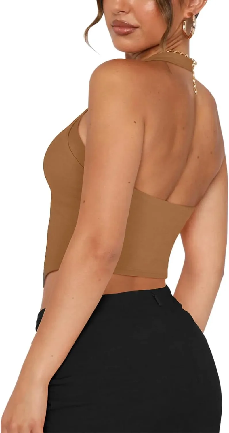 REORIA Butsmooth Double Lined Sexy Halter Tops Camisole V Neck Sleeveless Corset Y2K Going Out Crop Tank Tops for Women