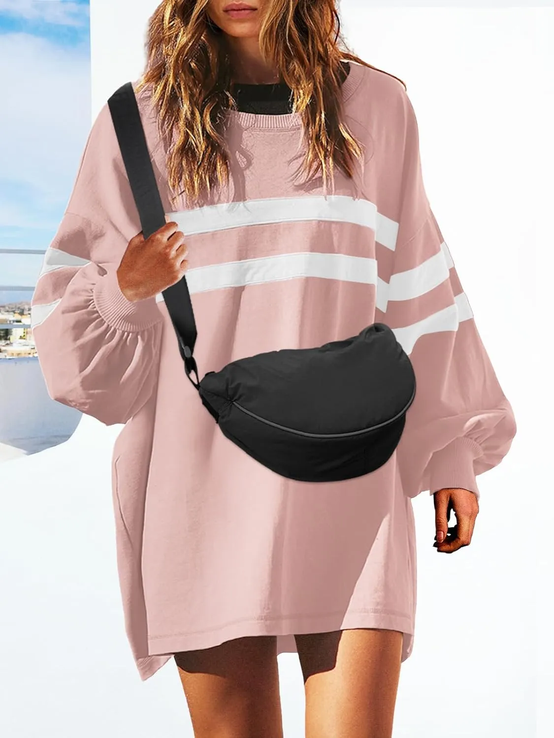 SENSERISE Womens Striped Crewneck Sweatshirts Oversized Lantern Sleeve Color Block Shirts Workout Tops
