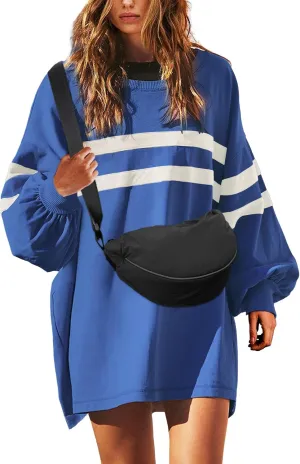 SENSERISE Womens Striped Crewneck Sweatshirts Oversized Lantern Sleeve Color Block Shirts Workout Tops