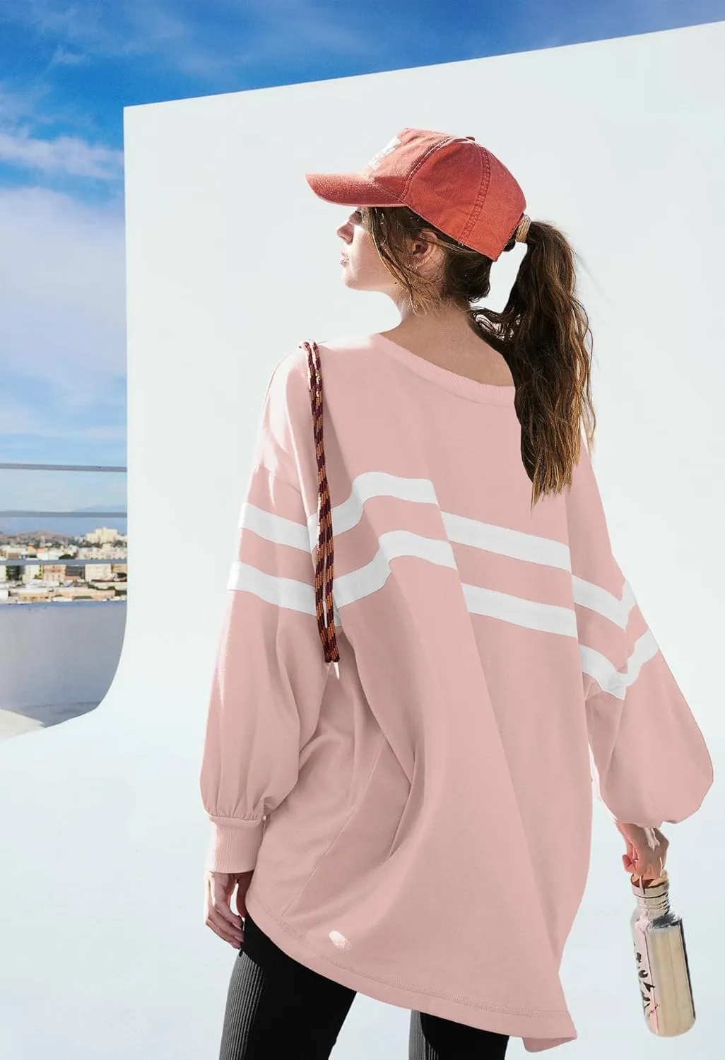 SENSERISE Womens Striped Crewneck Sweatshirts Oversized Lantern Sleeve Color Block Shirts Workout Tops