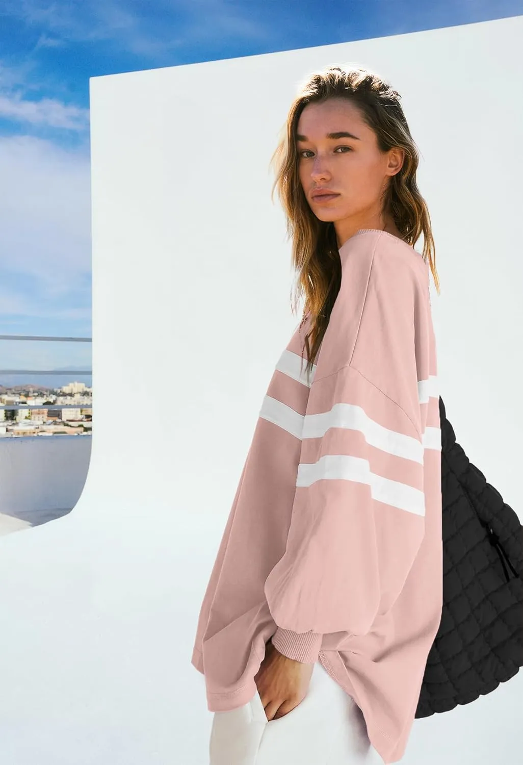 SENSERISE Womens Striped Crewneck Sweatshirts Oversized Lantern Sleeve Color Block Shirts Workout Tops