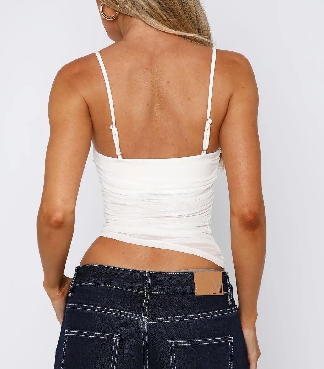 Sexy Going Out Tops for Women Spaghetti Strap Mesh Bustier Tank Top Summer Irregular Hem Slim Fit Camisole