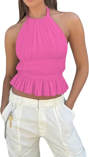 Sexy Smocked Open Back Halter Camisole Y2K Sleeveless Frill Shirred Crop Tops Tie Back Ruffled Going Out Tops for Women