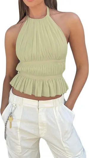 Sexy Smocked Open Back Halter Camisole Y2K Sleeveless Frill Shirred Crop Tops Tie Back Ruffled Going Out Tops for Women