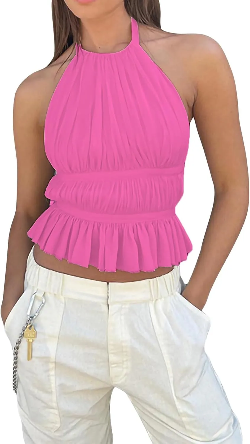 Sexy Smocked Open Back Halter Camisole Y2K Sleeveless Frill Shirred Crop Tops Tie Back Ruffled Going Out Tops for Women