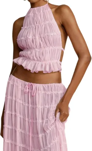 Sexy Smocked Open Back Halter Camisole Y2K Sleeveless Frill Shirred Crop Tops Tie Back Ruffled Going Out Tops for Women