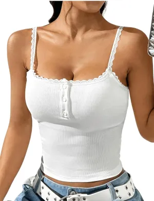 SHENHE Women's Lace Trim Padded Camisole Scoop Neck Knit Henley Tank Top Undershirt Cami