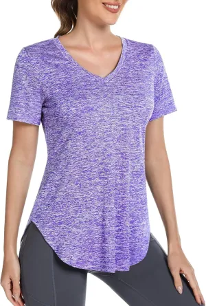 Short Sleeve Workout Shirts Women Loose Fit, V-Neck Women Exercise T-Shirt Workout Top, Dry Fit Yoga Gym Sport Tops