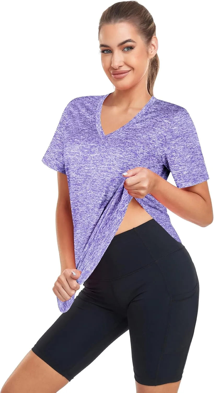 Short Sleeve Workout Shirts Women Loose Fit, V-Neck Women Exercise T-Shirt Workout Top, Dry Fit Yoga Gym Sport Tops