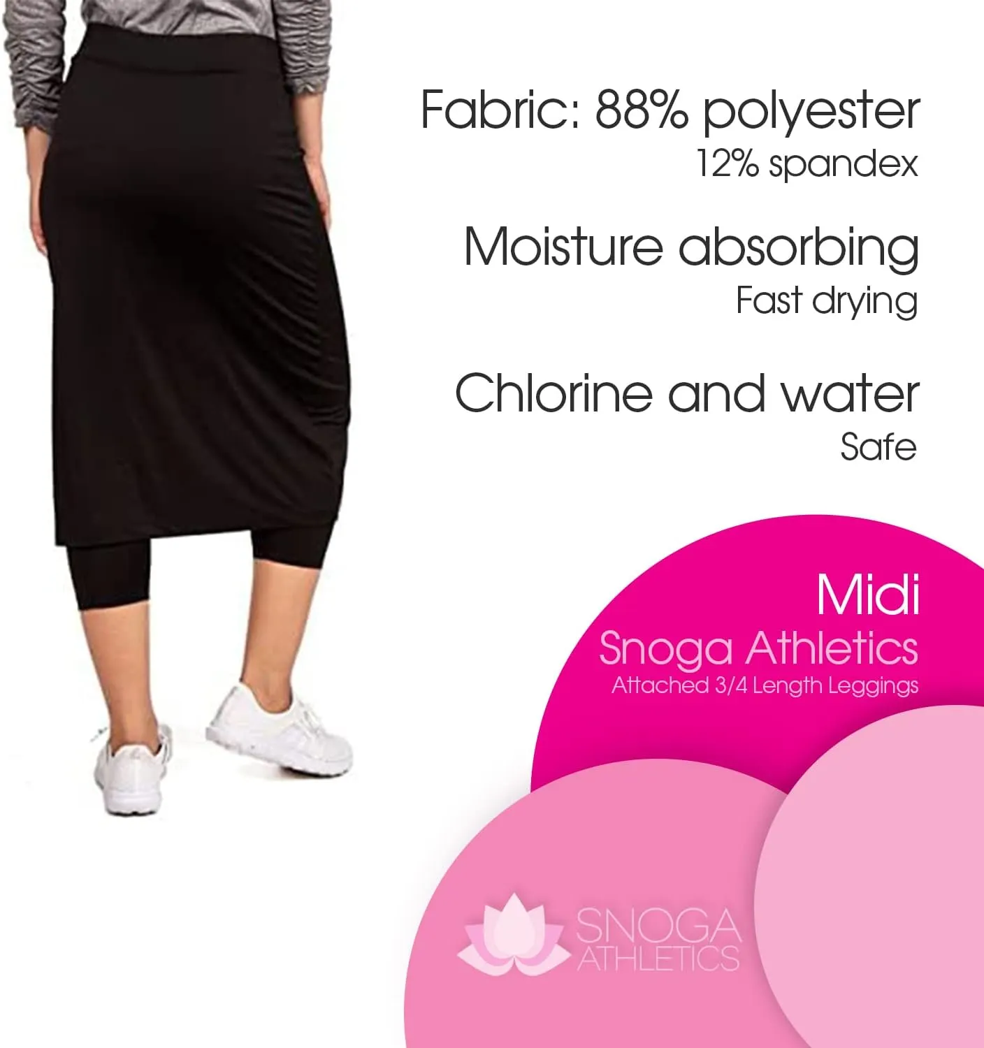 Snoga Womens Modest Midi Athletic Pencil Skirt w Leggings| Chlorine & Waterwear Friendly Kosher Pencil Skirted Capri Legging