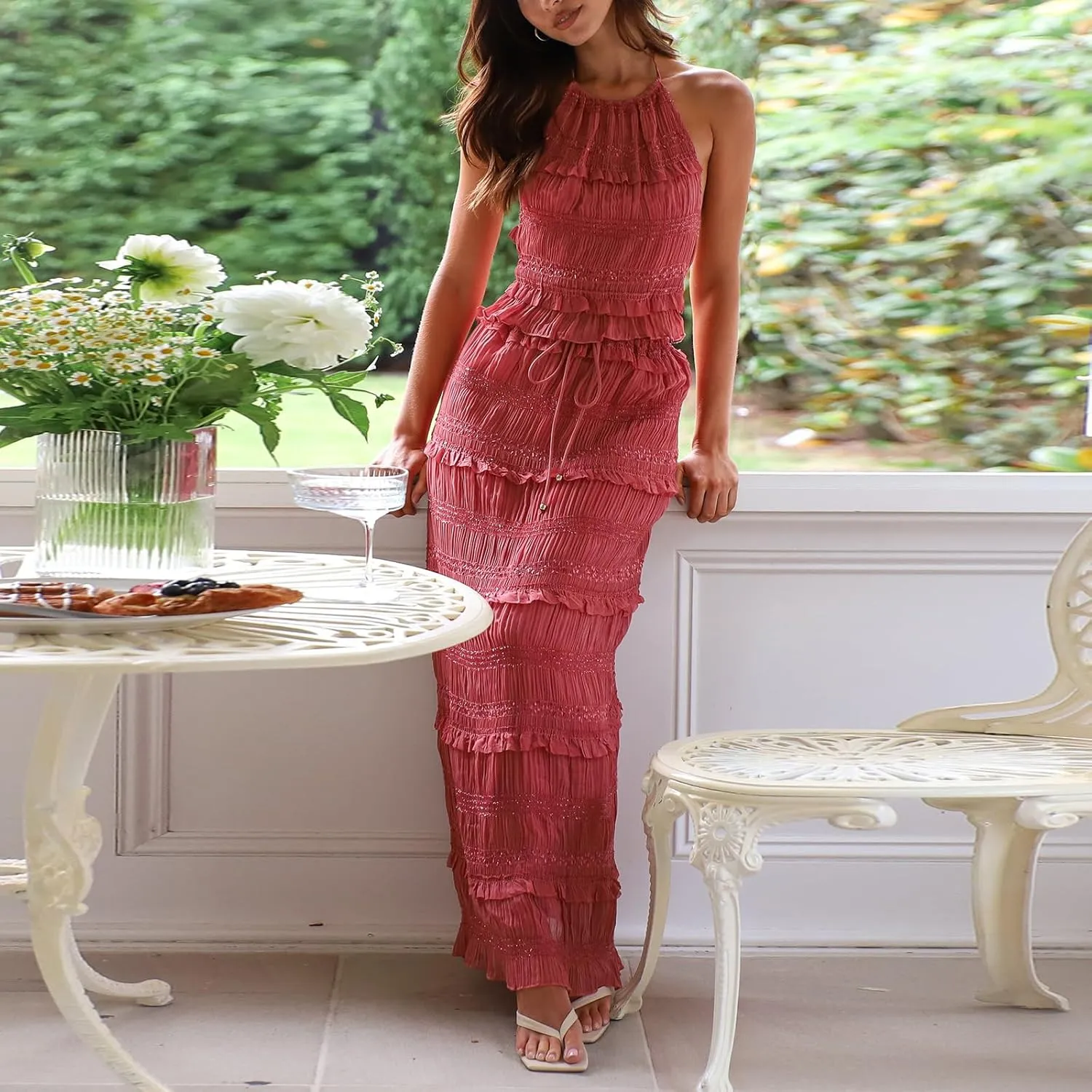 SOLILOQUY Women Summer Skirt Outfit Lace Shirred Tie-up Halter Backless Tank Top and Drawstring Maxi Long Skirt 2 Piece Set