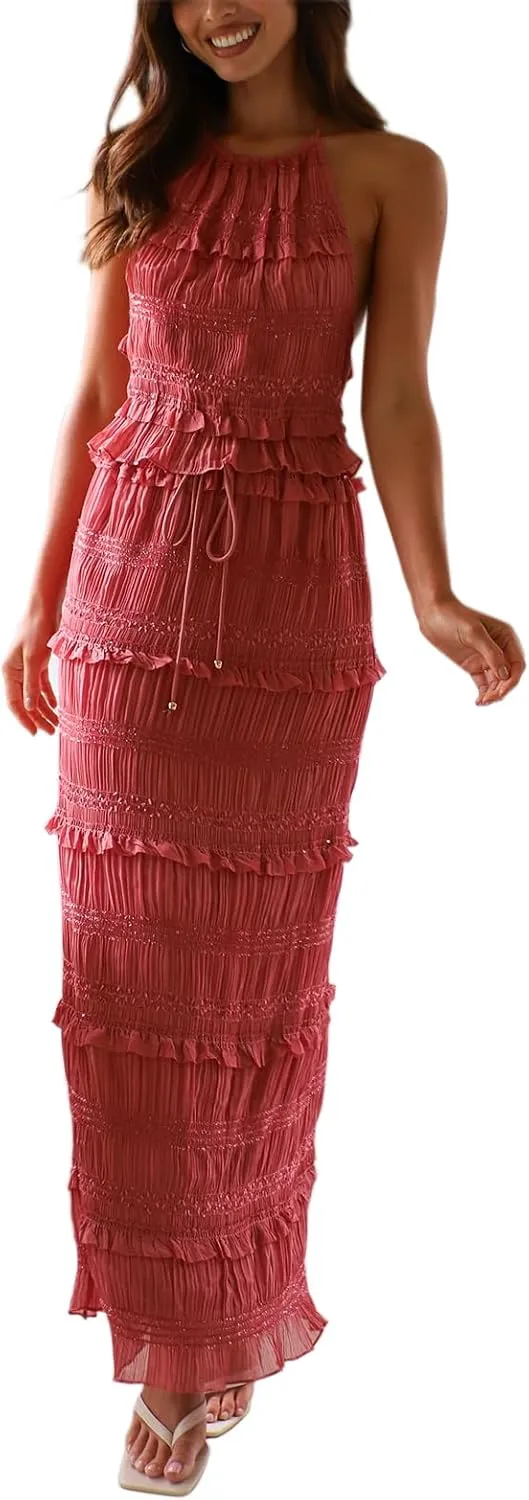 SOLILOQUY Women Summer Skirt Outfit Lace Shirred Tie-up Halter Backless Tank Top and Drawstring Maxi Long Skirt 2 Piece Set