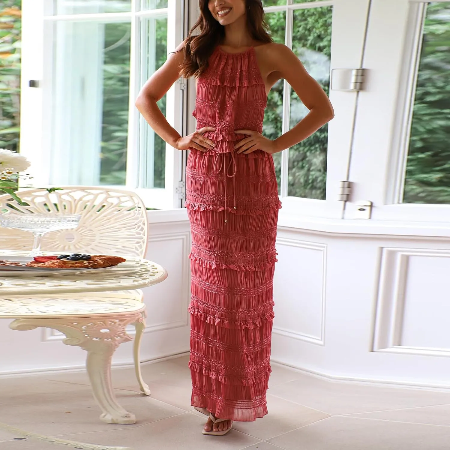 SOLILOQUY Women Summer Skirt Outfit Lace Shirred Tie-up Halter Backless Tank Top and Drawstring Maxi Long Skirt 2 Piece Set