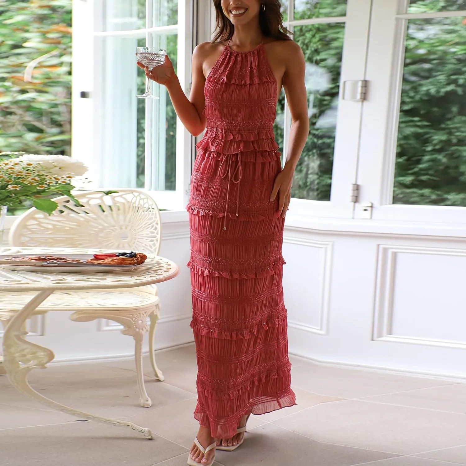 SOLILOQUY Women Summer Skirt Outfit Lace Shirred Tie-up Halter Backless Tank Top and Drawstring Maxi Long Skirt 2 Piece Set