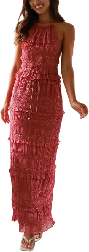 SOLILOQUY Women Summer Skirt Outfit Lace Shirred Tie-up Halter Backless Tank Top and Drawstring Maxi Long Skirt 2 Piece Set