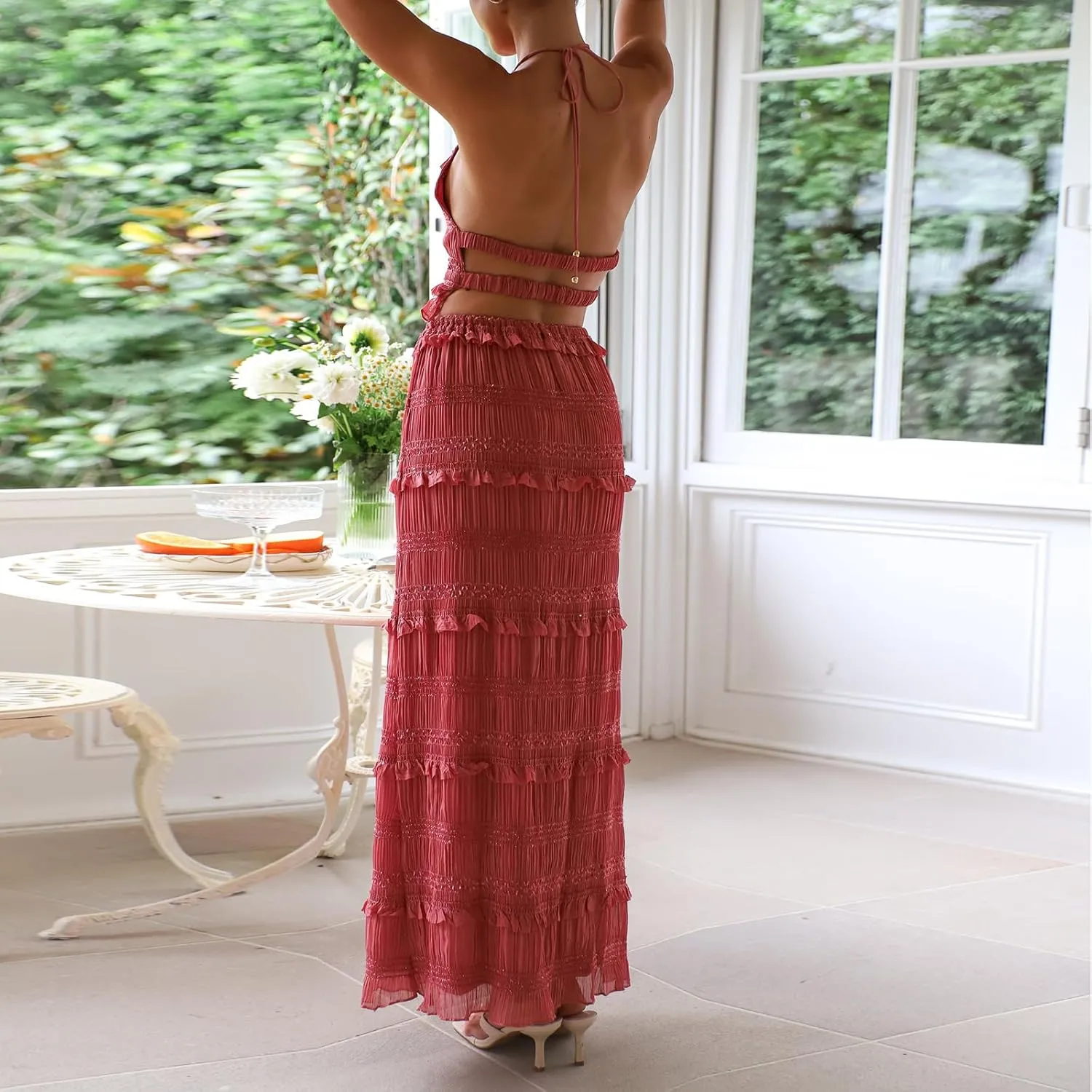 SOLILOQUY Women Summer Skirt Outfit Lace Shirred Tie-up Halter Backless Tank Top and Drawstring Maxi Long Skirt 2 Piece Set