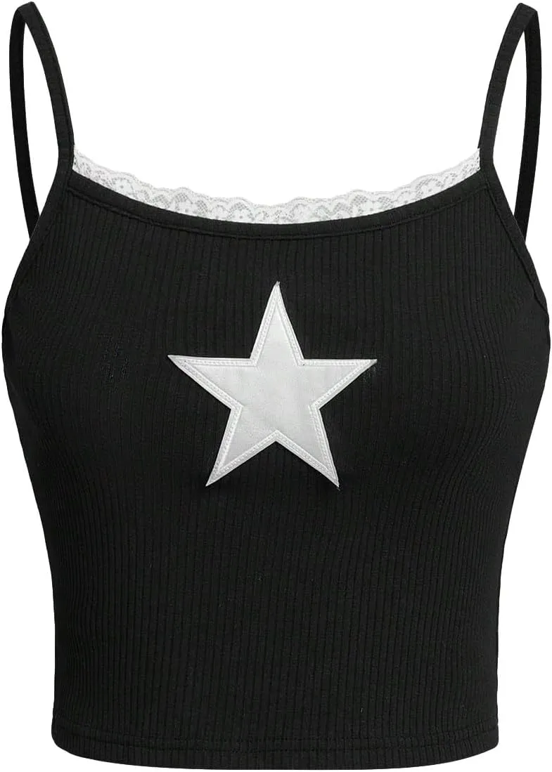 SOLY HUX Girl's Sleeveless Star Print Lace Trim Camisoles Spaghetti Strap Ribbed Crop Tank Tops