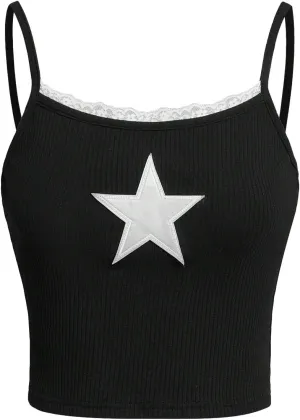 SOLY HUX Girl's Sleeveless Star Print Lace Trim Camisoles Spaghetti Strap Ribbed Crop Tank Tops