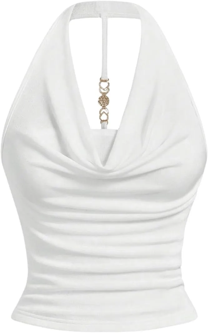 SOLY HUX Women's Halter Tops Draped Front Sleeveless Backless Y2K Crop Sexy Cami Tops Going Out Summer Outfits