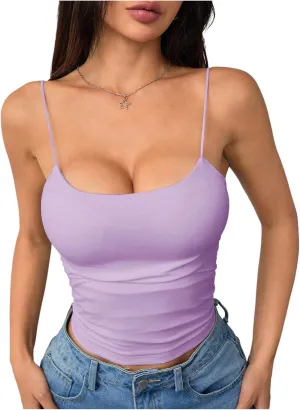 SOLY HUX Women's Spaghetti Strap Cami Tops Ruched Sleeveless Tight Fitted Camisoles Padded Crop Top