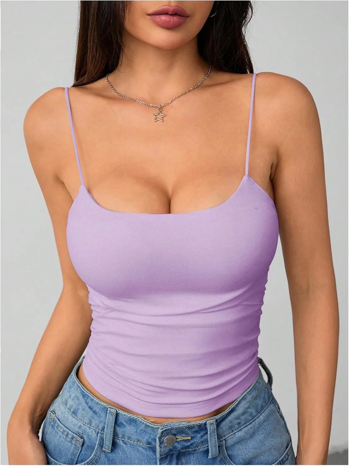 SOLY HUX Women's Spaghetti Strap Cami Tops Ruched Sleeveless Tight Fitted Camisoles Padded Crop Top
