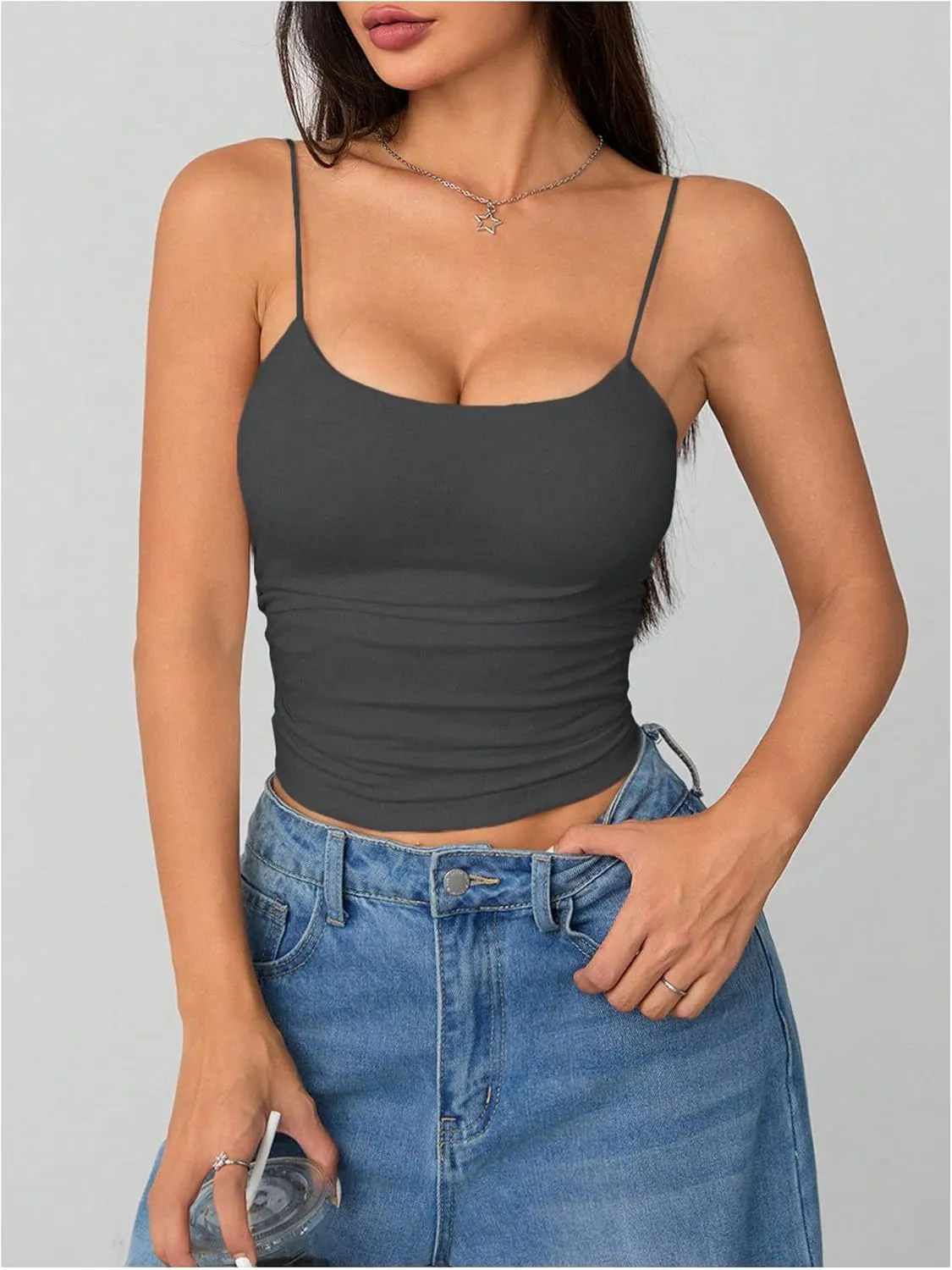 SOLY HUX Women's Spaghetti Strap Cami Tops Ruched Sleeveless Tight Fitted Camisoles Padded Crop Top