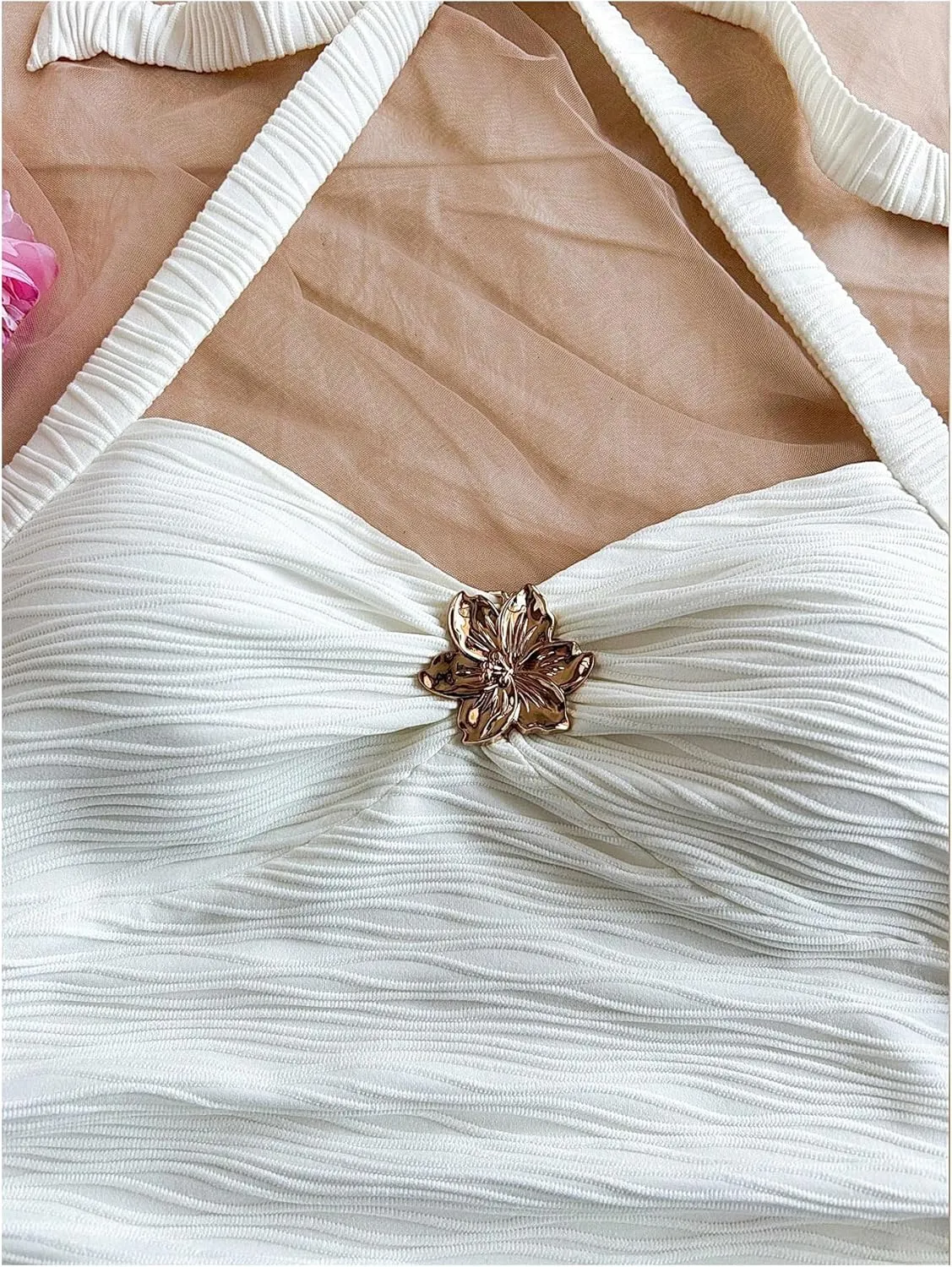 SOLY HUX Women's V Neck Halter Tops Open Back Y2k Ruched Floral Metal Summer Going Out Cami Tops