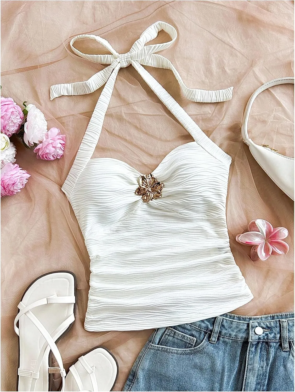 SOLY HUX Women's V Neck Halter Tops Open Back Y2k Ruched Floral Metal Summer Going Out Cami Tops
