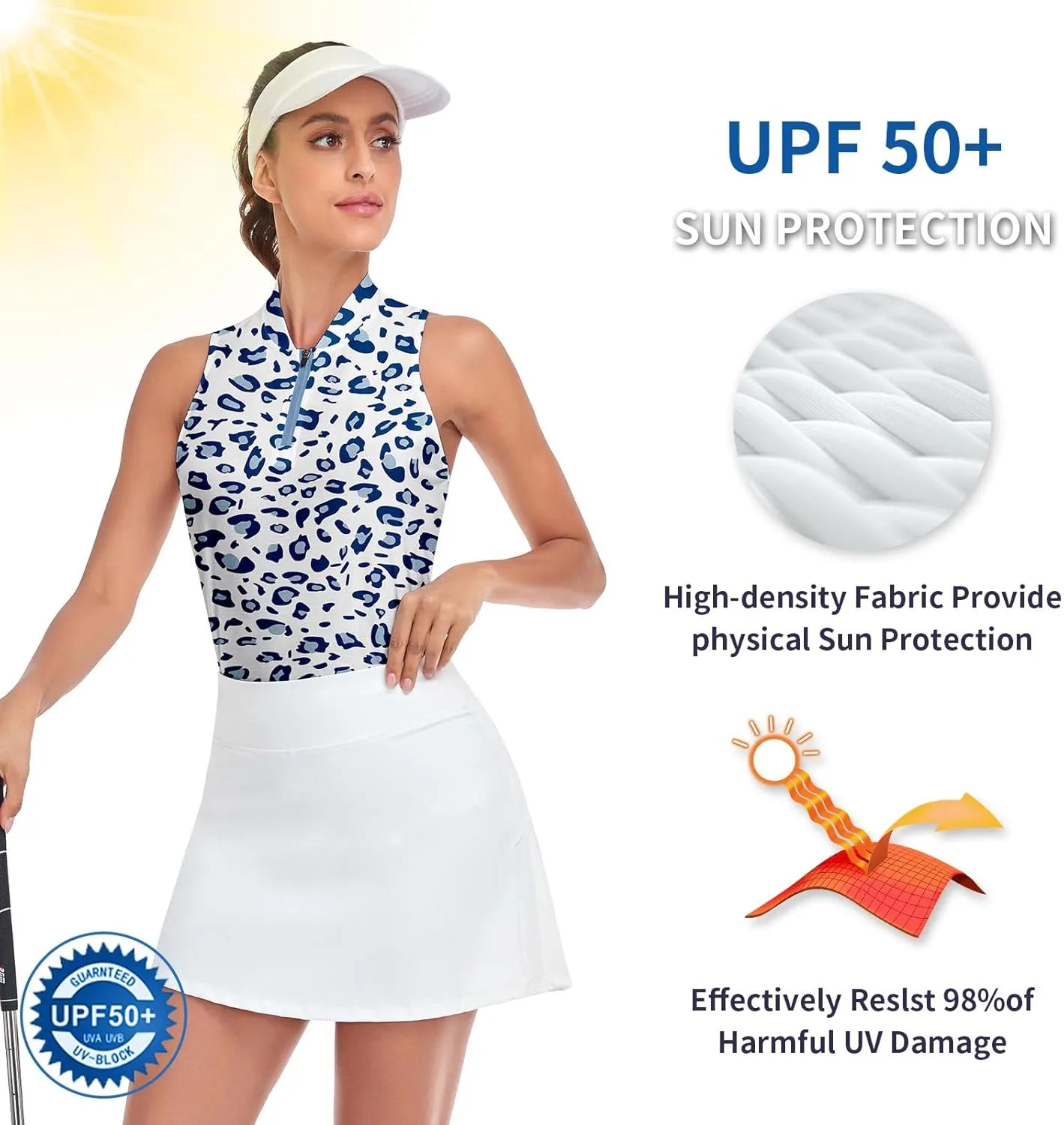 Soneven Women's Sleeveless Printed Polo Golf Shirts Quick Dry V-Neck Lightweight Tennis Tank Tops, 50  UV Protection