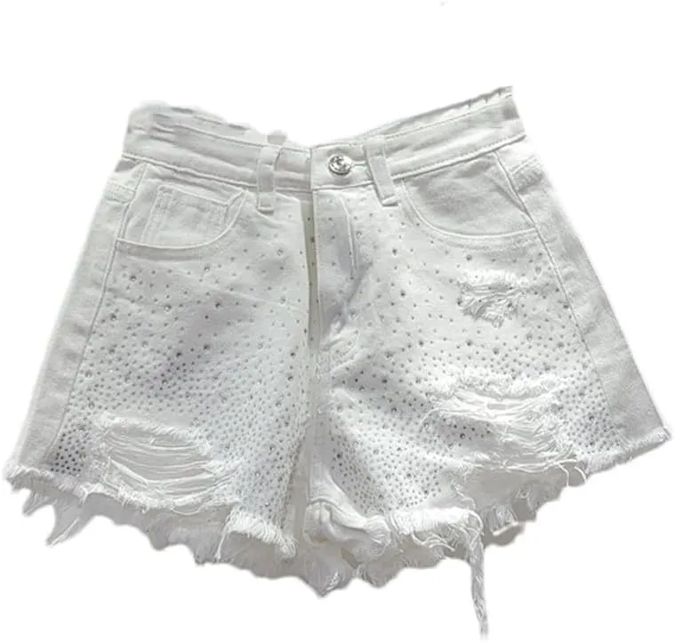 Sparkling Rhinestone-Studded Denim Hot Pants Women Denim Shorts Summer Fashion High Waist Wide Legs Short