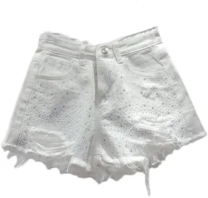 Sparkling Rhinestone-Studded Denim Hot Pants Women Denim Shorts Summer Fashion High Waist Wide Legs Short