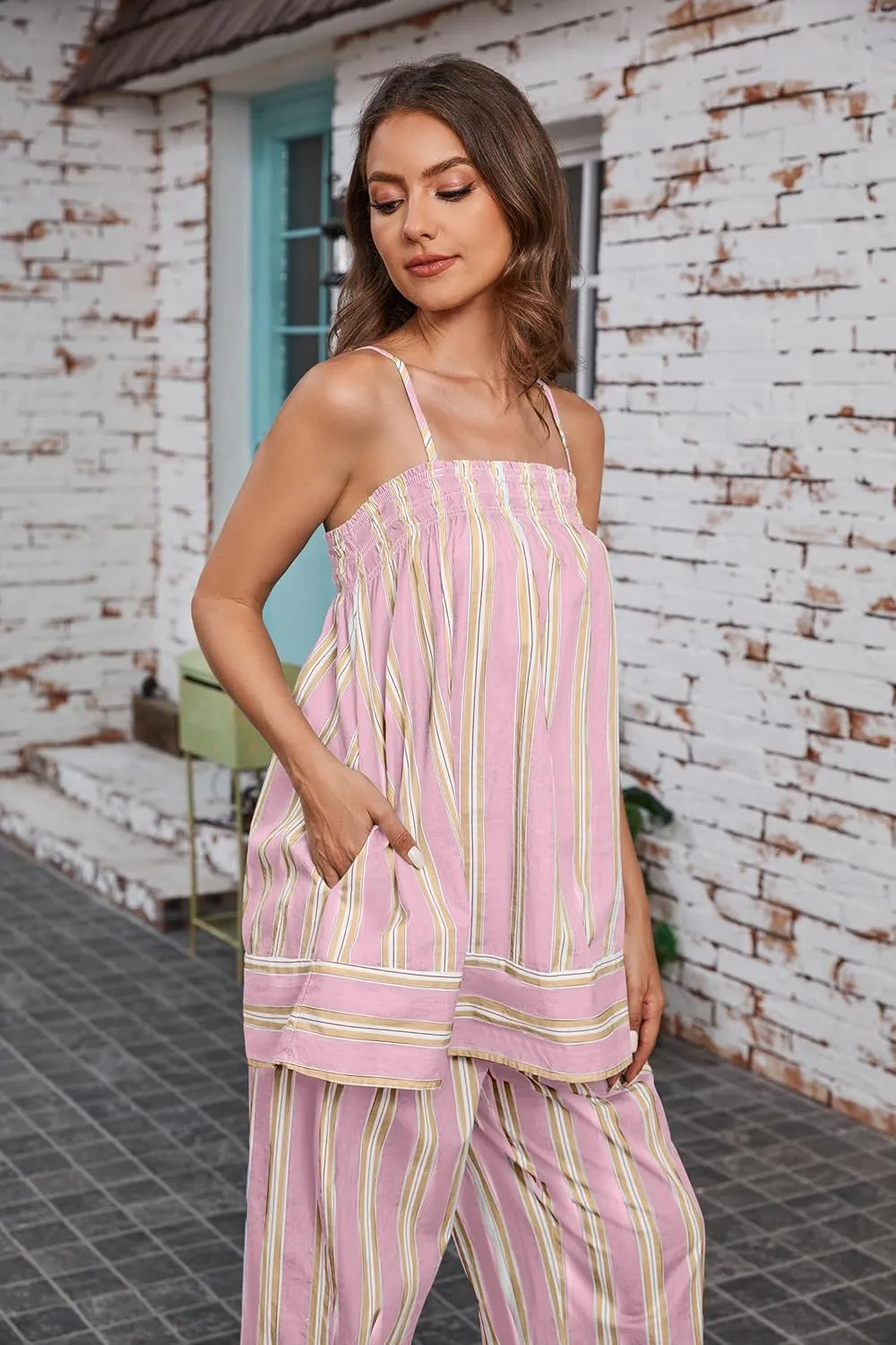 Summer Cute Sleeveless Striped Tank Top for Women Y2K Smocked Spaghetti Strap Camisole Tops Color Block Babydoll Tops